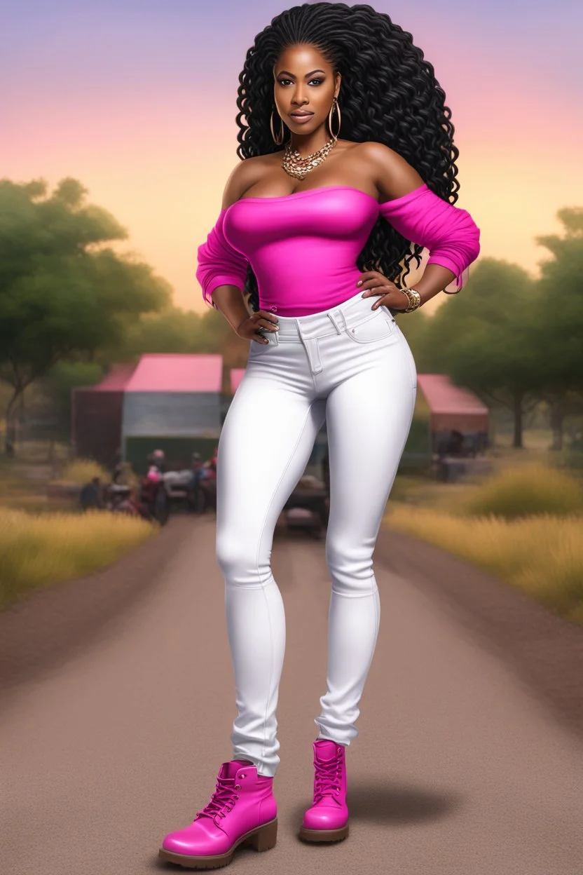 Create a digital airbrush cartoon of a curvy African American female wearing tight white jeans and a off the shoulder hot pink blouse. She is also wearing timberland boots. Prominent make up with hazel eyes. Highly detailed very long extremely braids of black hair. Her skin is smooth and silky. Background of a track of ATV riders.