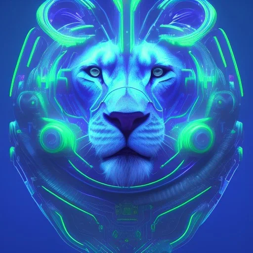 A beautiful portrait of a cyborg lion blue neon color scheme, high key lighting, volumetric light high details psychedelic background