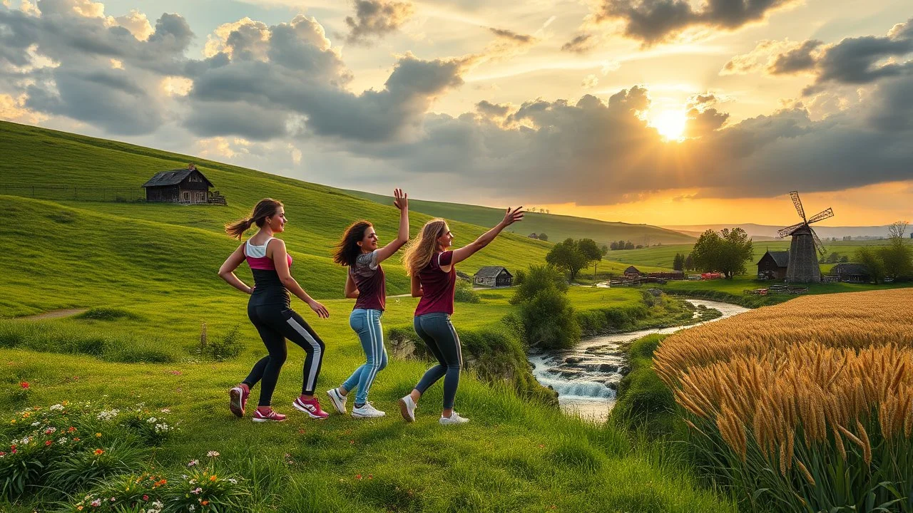 a group of young ladies in sports pants and blouse are dancing to camera in village over high grassy hills,a small fall and river and wild flowers at river sides, trees houses ,next to Ripe wheat ready for harvest farm,windmill ,cloudy sun set sky