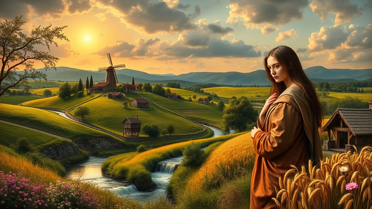 a village over high grassy hills,a small fall and river and wild flowers at river sides, trees houses ,next to Ripe wheat ready for harvest farm,windmill ,a few village local shops ,cloudy sun set sky,the the great Leonardo is painting his monalisa and she is posing as model