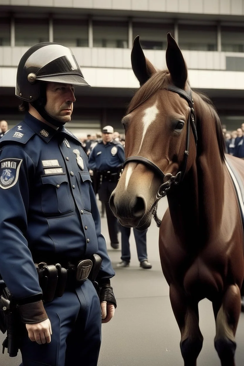 objeto: hombre con cabeza de caballo vestido con uniforme policial; acción: parado; contexto: un recinto policial;