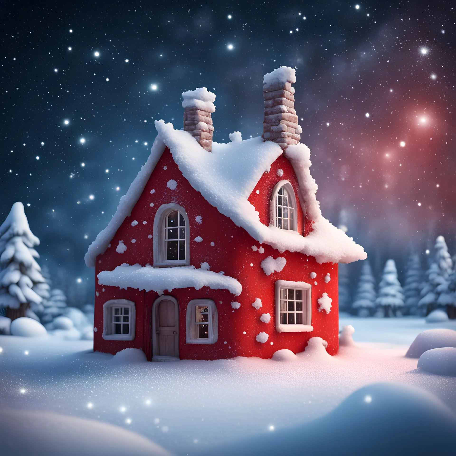 Cute small snowy red House on frozen stars