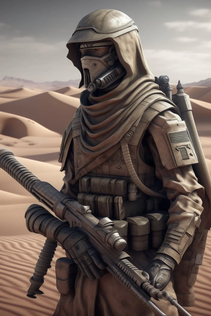 photorealistic soldier imperial guard on the desert dystopian