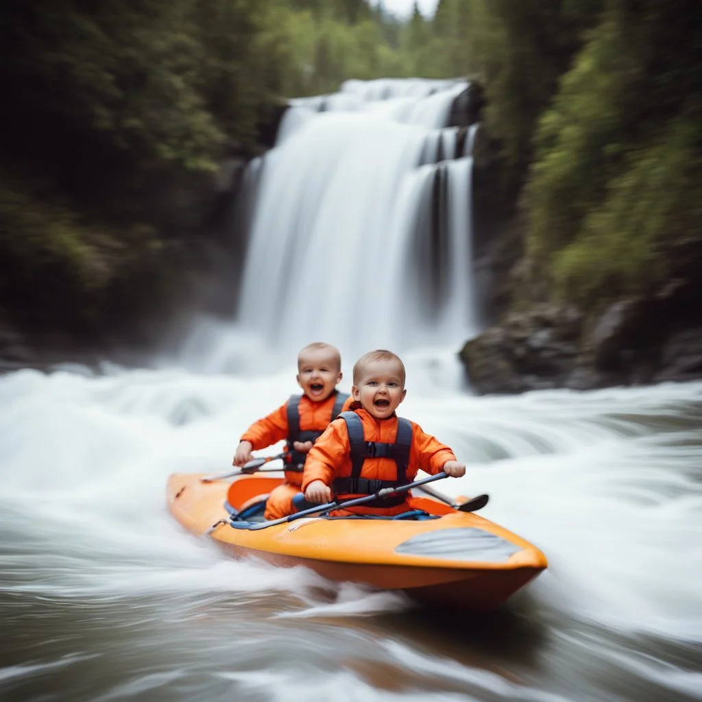 phone camera found footage screen capture, static filled low resolution image, low picture quality, blurry kinetic grainy photograph from the perspective of the riverbank of three happy babies wearing life preserver jackets alone in a kayak flying down river toward a waterfall in furious rapids, motion blur, low contrast, high film grain