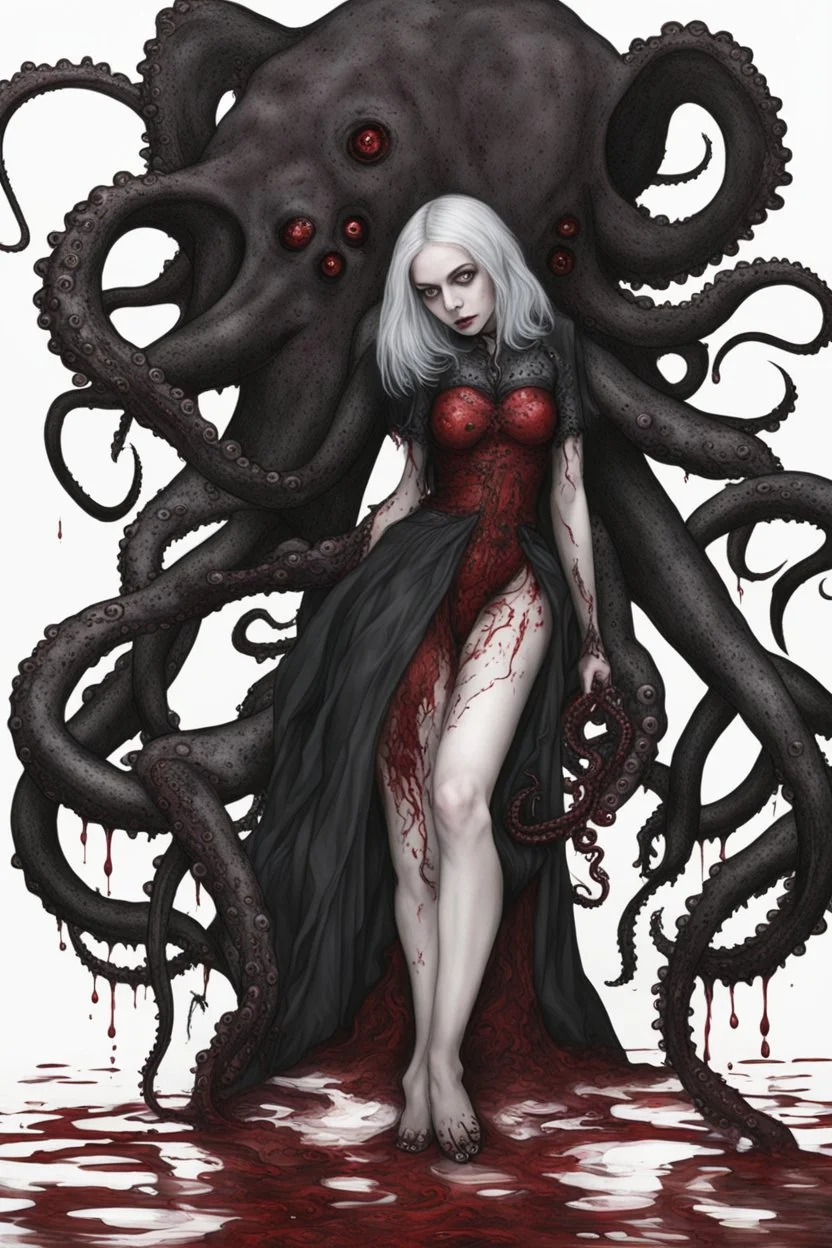 blood, goth woman, leaning pose, full body, squid, octopus creepy, horrifying, sinister, sparks out her mind, 8k, macro photography,