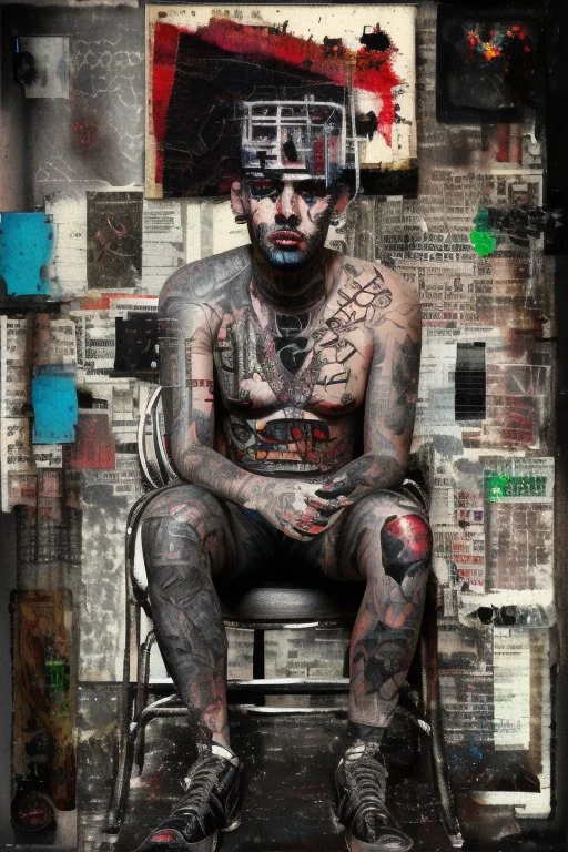 Ultra detailed medium portrait painting of a man, sitting on chair, jail clothes, tattoos, rough look mascara are smeared from crying, chaos dark background,torn up collage of photo clippings, broken circuitry background, matrix effects, punk visual art, punk art aesthetic, graffiti art, pop surrealism, collage art, cluttered paint glitches