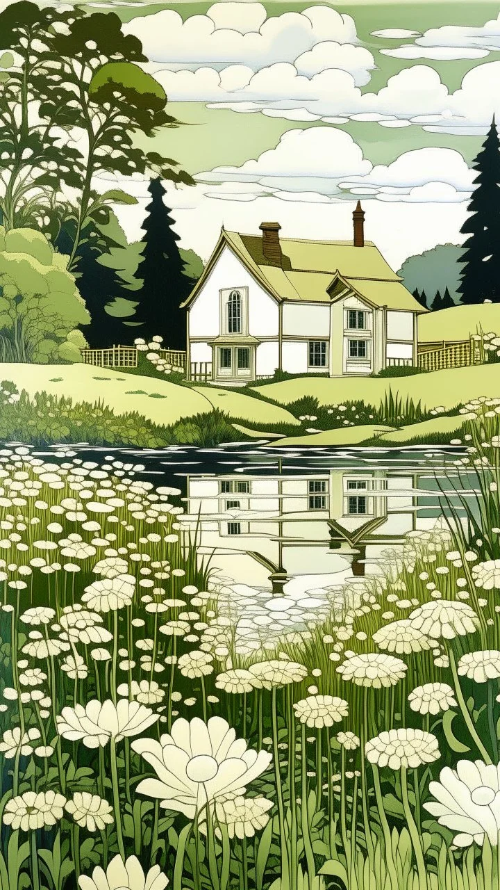 A house made out of white fathers designed in a field of white wild flowers paintings painted by Paul Ranson , Busch painting style, all white, by the lake, fine line draw style