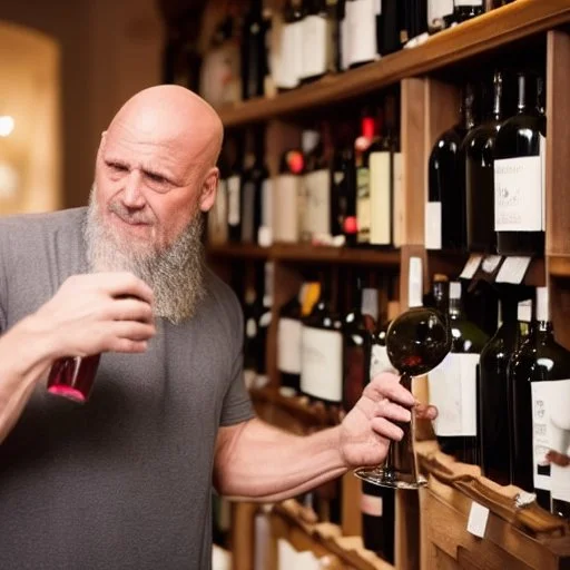 burly ugly 58 year old man bald with short beard and tank top manly chest chooses a bottle of wine in a cellar full of wine bottles dramatic light angry eyes highly detailed