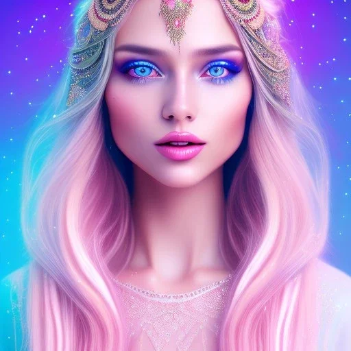 beautiful, soft, smiling face, whole head, long straight blonde hair blues eyes, crown on the head, clothing in transparent bluish and pink veil, background brillante bluish and pink, hight definition, 8K