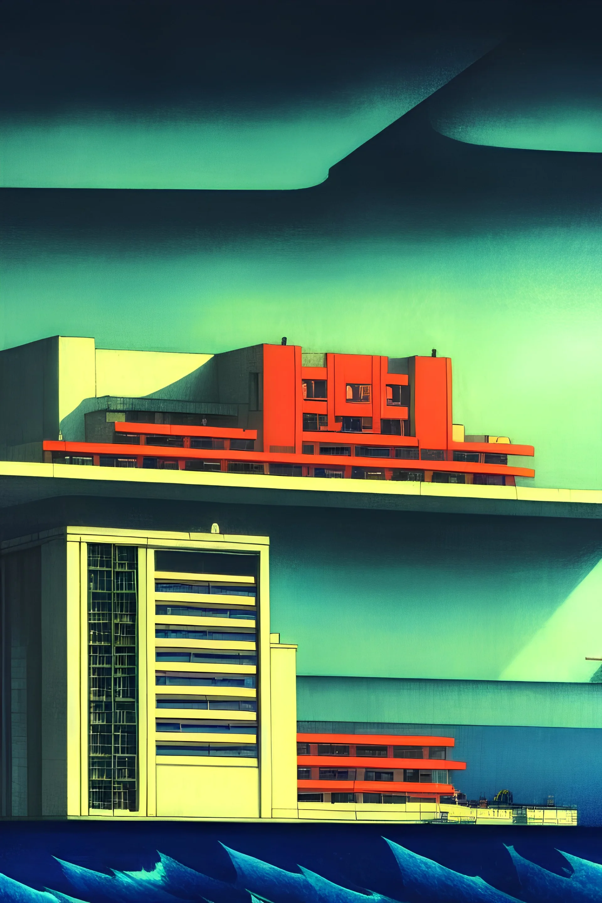 A psychedelic hallucination of a brutalist hotel in the stormy ocean, by kawase hasui, moebius, edward hopper, colorful flat surreal design, dramatic lighting, hd, 8 k, artstation