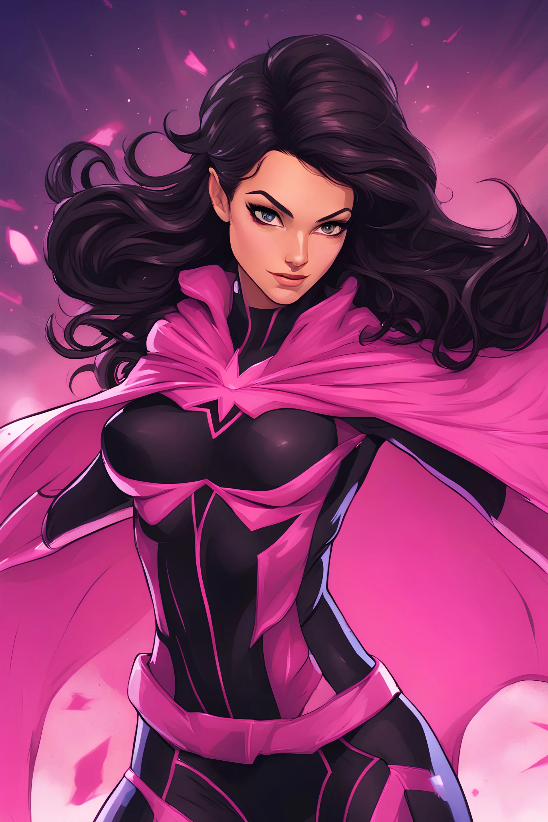A superhero suit with a vibrant and energetic combination of pink and purple, with sparkles and a cape that flows gracefully. It would reflect her playful and adventurous nature, she has brown eyes and black brunette hair.