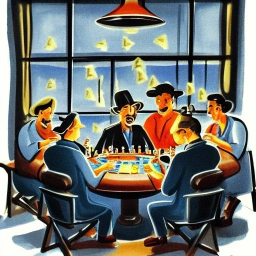 spanish illustrator, orage to blue, group of ownls playing poker in 1945, wisky bottles , bar iterior, dollars on the table, rendering, cinematic, A WINDOW OUTSIDE IS RAINING AND NIGHT