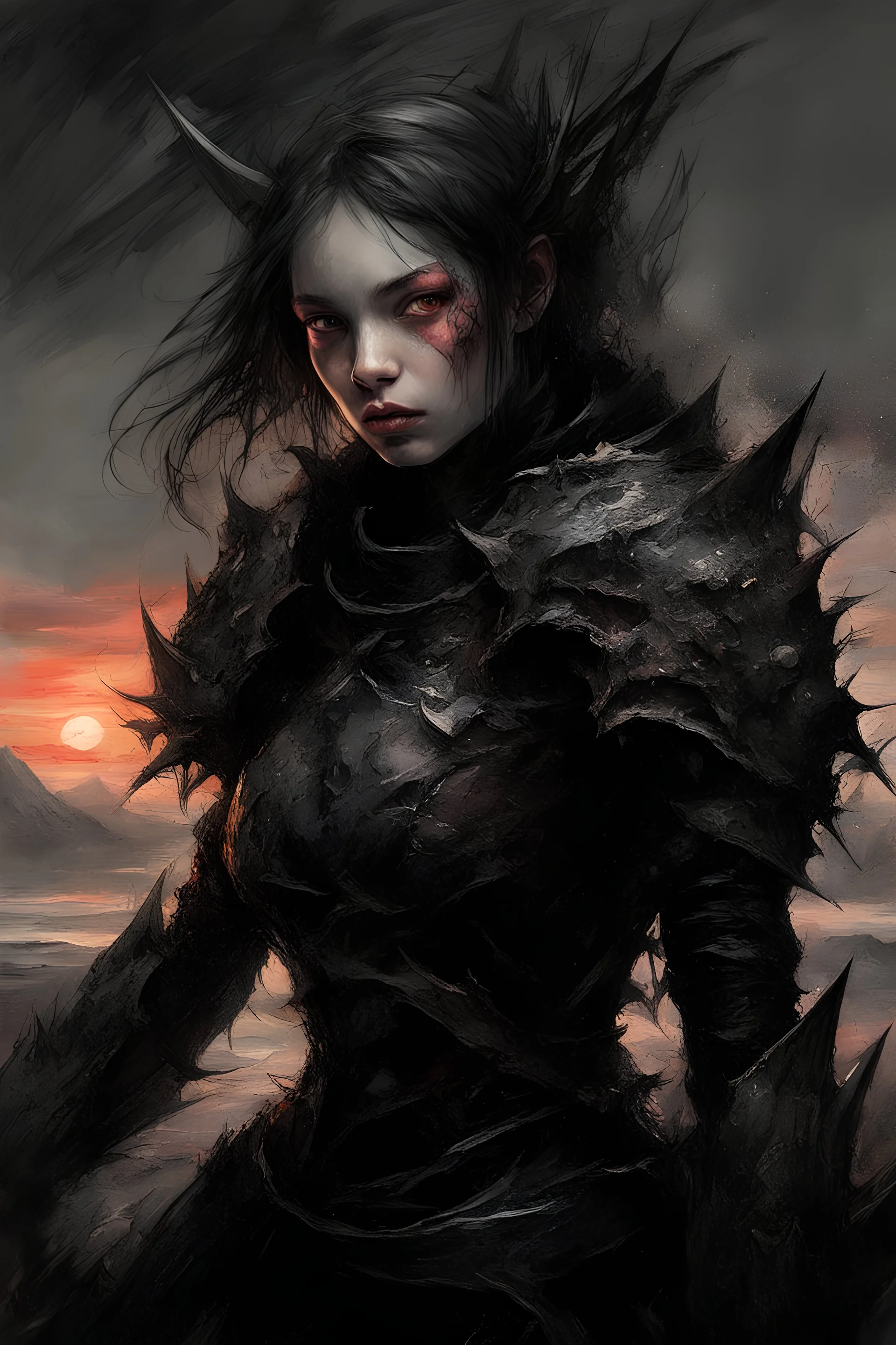 A formidable warrior girl in black armor, against monster, against the background of an amazing gloomy landscape flooded with sunset, mountains, trees, a fabulous scary hero, juicy emotions, painting, gloomy fantasy, gloomy day, dark world, portrait, oil and graphite, wide strokes, a weaving frame around, by Ryohei Hase, Agnes Cecile, Raymond Swanland, Anne Bachelier