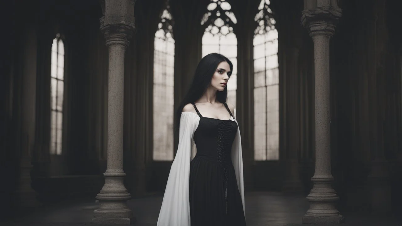 A beautiful white woman standing side and have Long soft black hair And wearing a gothic dress.