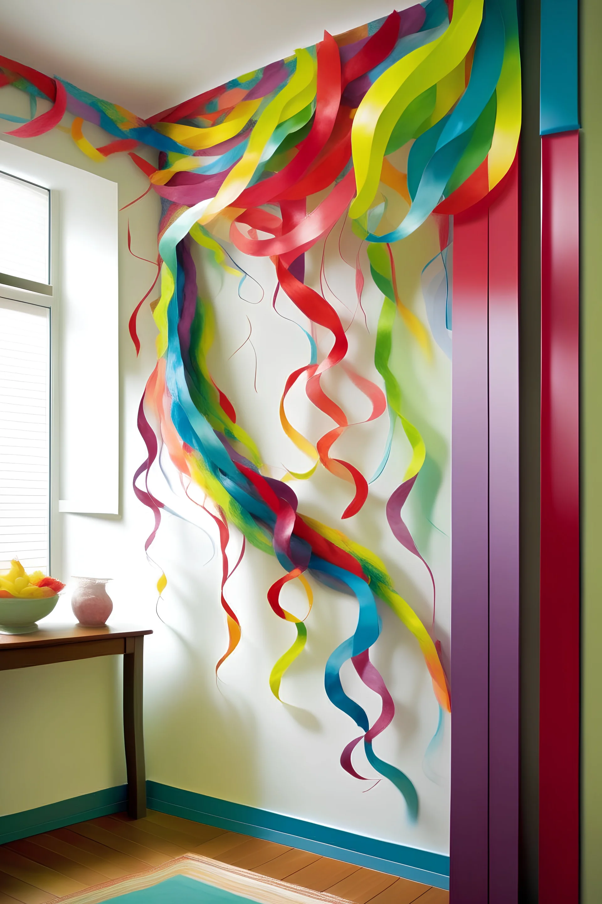 Create a hand-painted wall mural into a streamer-filled celebration with hand-painted streamers in a joyful rainbow of colors. Arrange them dynamically to create a sense of movement and excitement."