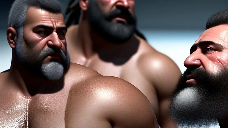 close up photo, chubby muscular burly sweaty turkish man looking down, masculine hairy 59 year old man, with other two male hands touching the chest , dreadlocks, long beard, manly shoulders, ambient occlusion , , super high resolution, 8k, cinematic light, ultra hyper realistic, view from the bottom