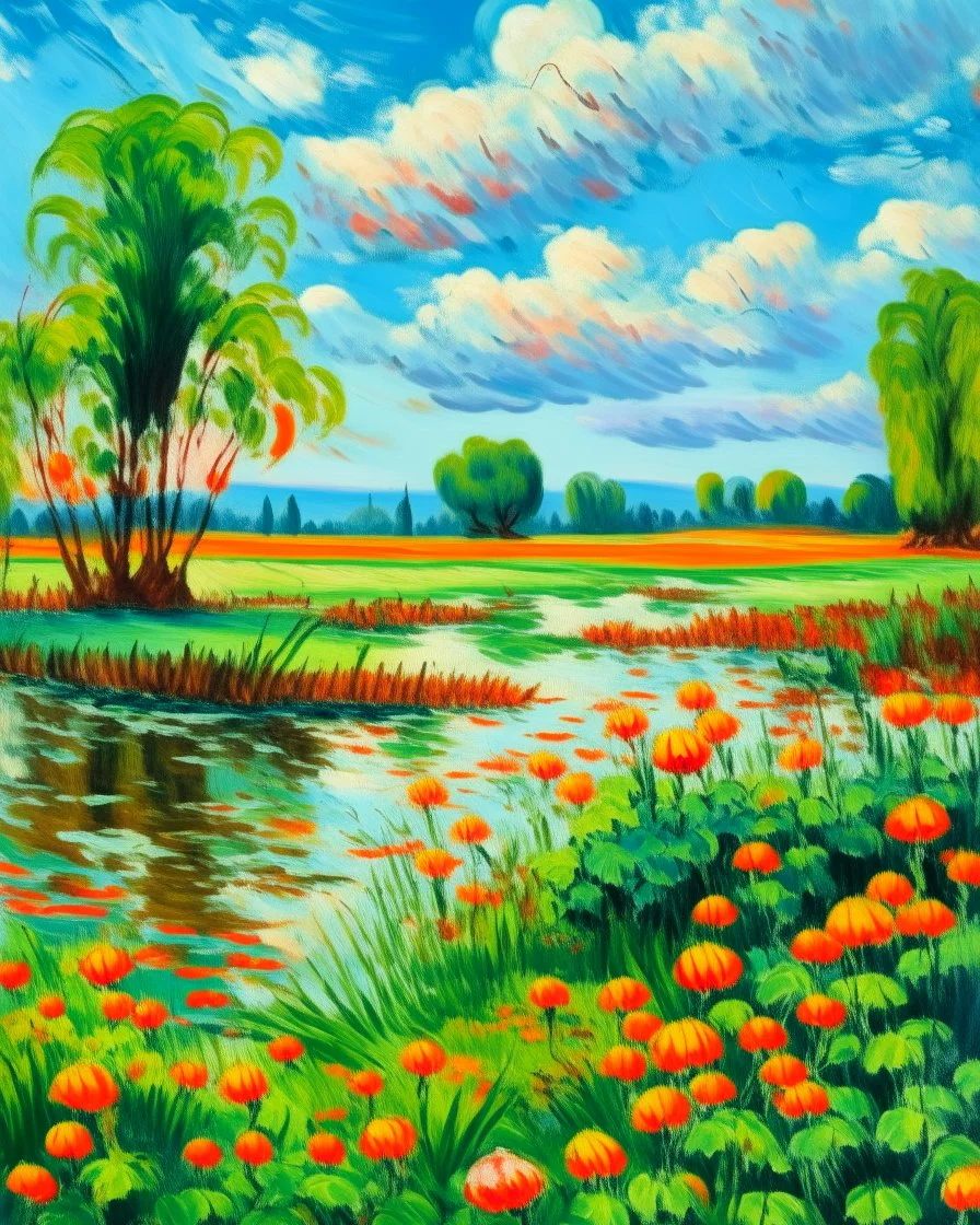 Green wetlands with fiery orange lilies painted by Alfred Sisley