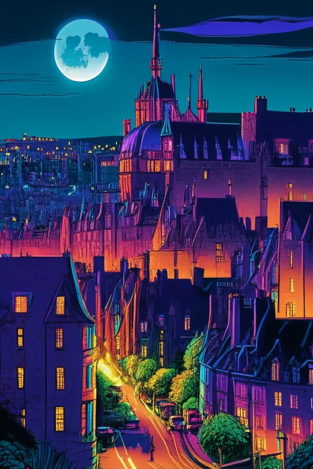 Illustration of Edinburgh, vivid colors, details, realistic, by night