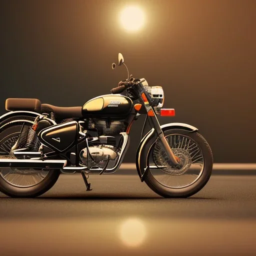 Royal enfield classic 350. Highway. high speed. bokeh. lens flare. warm lights. high detailed