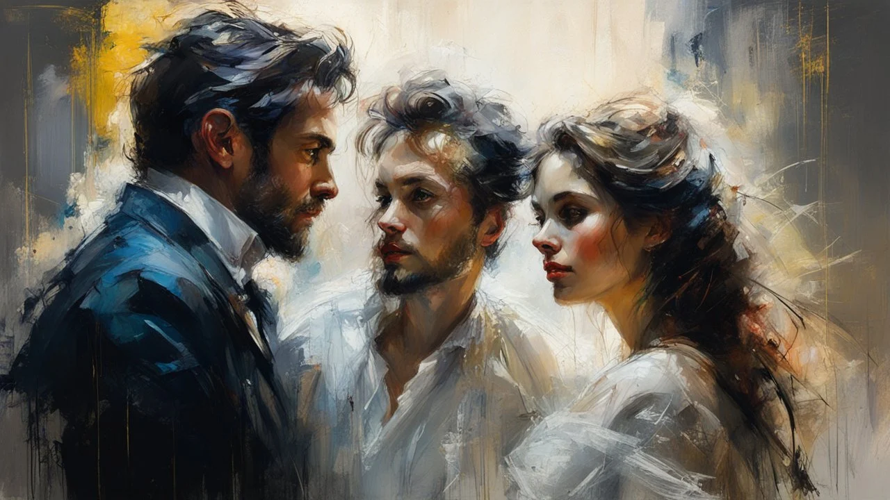 Portrait of a man and a stunningly beautiful woman together with a man, made of tulle, detailed fabric painting, Candlelight Insanely detailed painting by Pino Daeni, Jeremy Mann, Carne_Griffiths, Vadim Kashin, James Gurney, texture, 16k resolution, fine art, natural light, beautiful