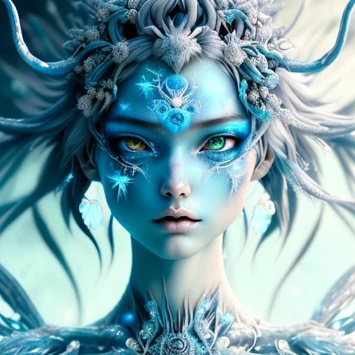 icy blue, anime, mutated human,tears, crying, sad, fae, majestic, ominous, ice, plants, wildflower, facepaint, intricate, oil on canvas, masterpiece, expert, insanely detailed, 4k resolution, retroanime style, cute big circular reflective eyes, cinematic smooth, intricate detail , soft smooth lighting, soft pastel colors, painted Rena