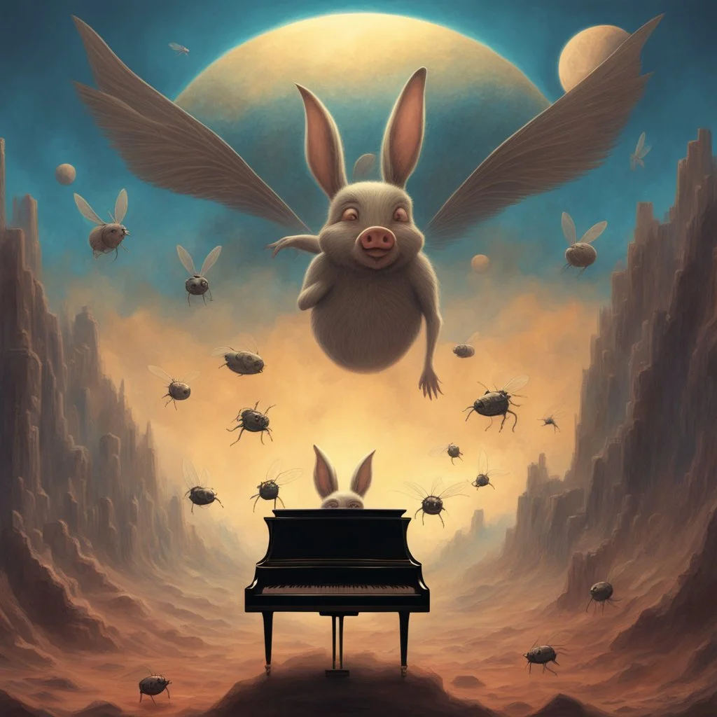 monochromatic black and white bugs bunny composer piano, diffrent planet, one swine pig piggy flying wasp angel, beksinski style daker theme dark black dark black monochromatic