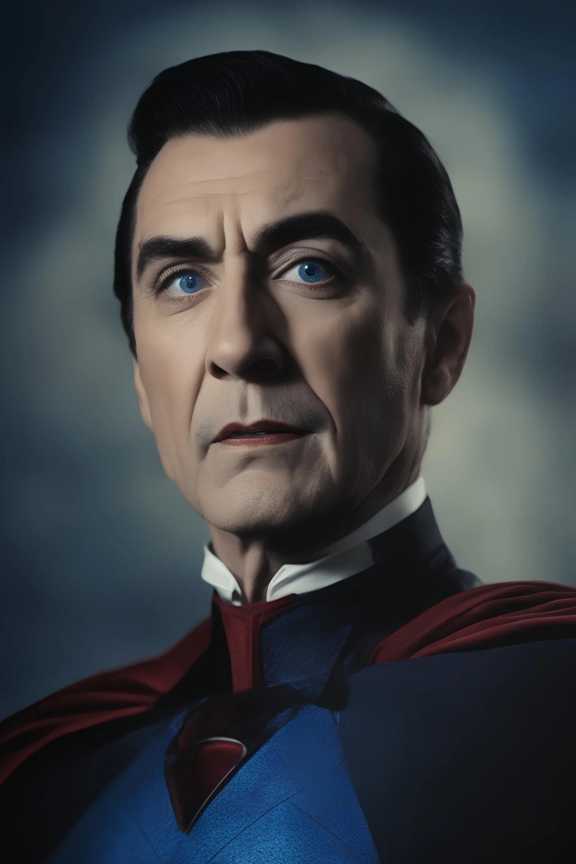 Bela Lugosi as Count Vamperini Superman - Blue eyes - full color - 32k, UHD, 1080p, 8 x 10, glossy professional quality digital photograph - dark foggy gradated background, historic, powerful, octane rendering, exquisite detail, 30 - megapixel, 4k, 85 - mm - lens, sharp - focus, intricately - detailed, long exposure time, f8, ISO 100, shutter - speed 1125, diffuse - back - lighting, ((skin details, high detailed skin texture)),