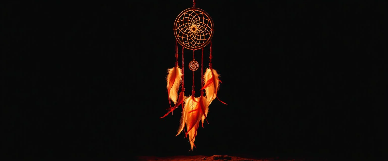 a dreamcatcher made of light, natural red tones, brown dirt ground long bottom, dark background
