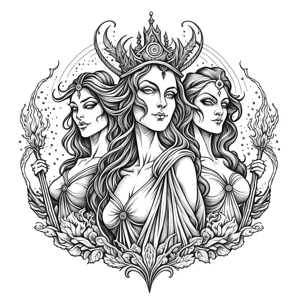 The Fates (Clotho, Lachesis, and Atropos).. realistis tatto sketch style, white background, profesional tatto sketch