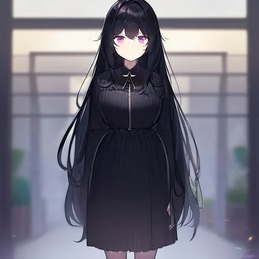 Clear focus,High resolution, Black long fluffy hair, long bangs, and purple eyes, Depressed girl