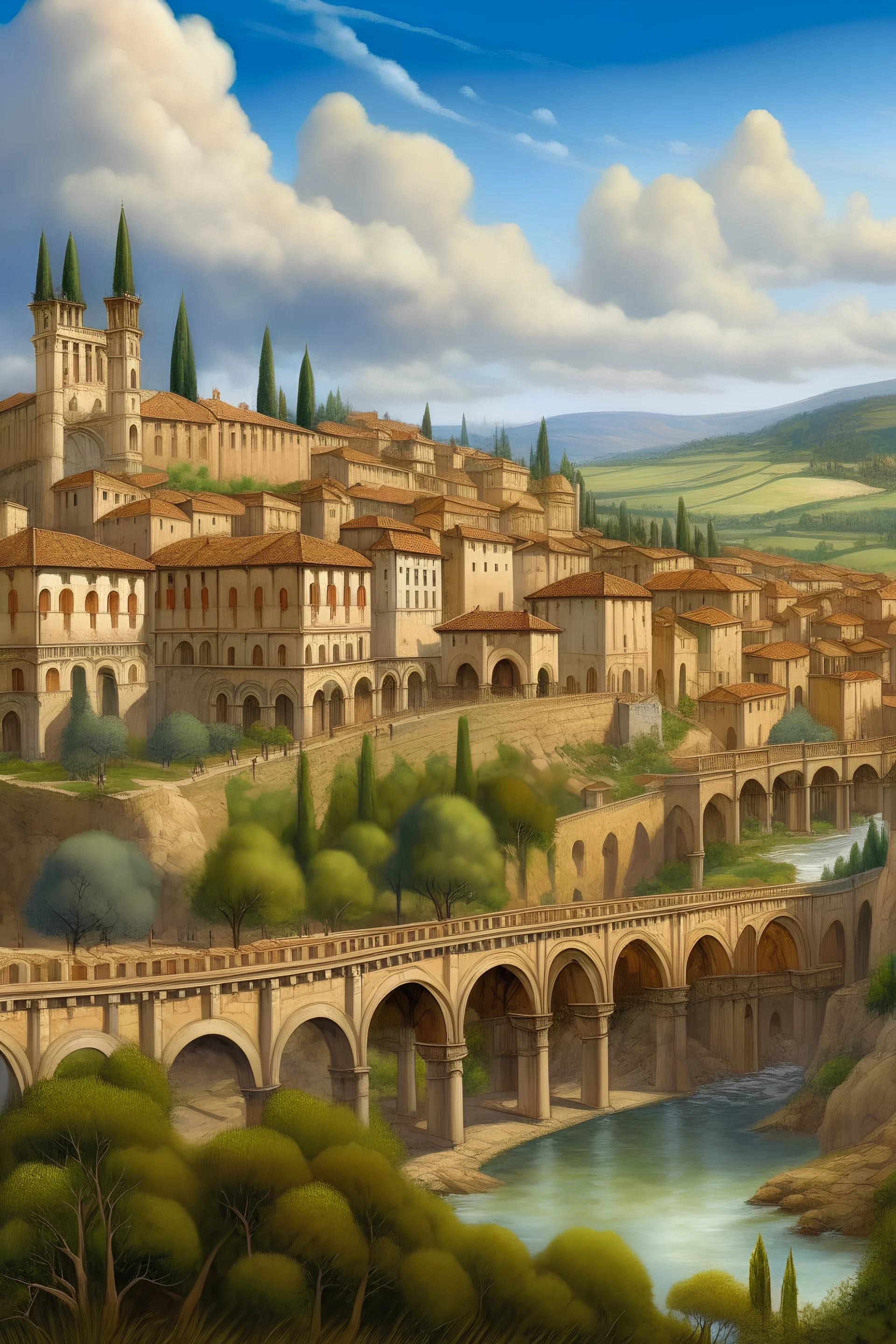 Highly detailed architectural painting of the city of Segovia, Spain, set in roman times. We can observe the aqueduct being built, and roman style houses and fortifications on the top of the hill. Farmland is visible at the hill foots. The view should be consistent with the current real-time location of the city.