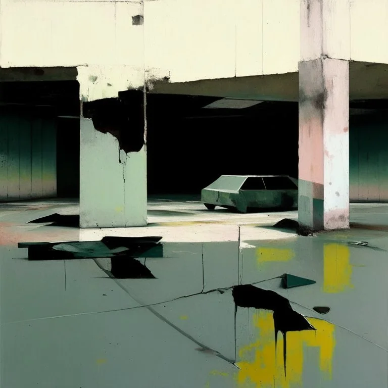 Minimal abstract oil paintings desolate 1960s carpark concrete fragments. style of Justin Mortimer and Francis Bacon.