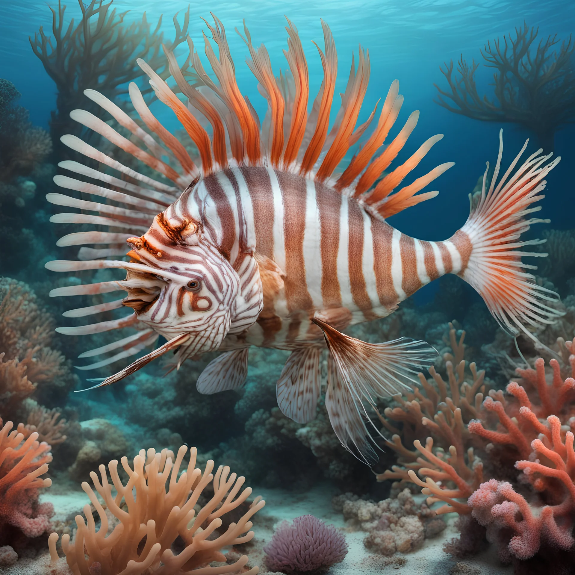 Lionfish swimming in a coral reef, in anachronism art style, background reef