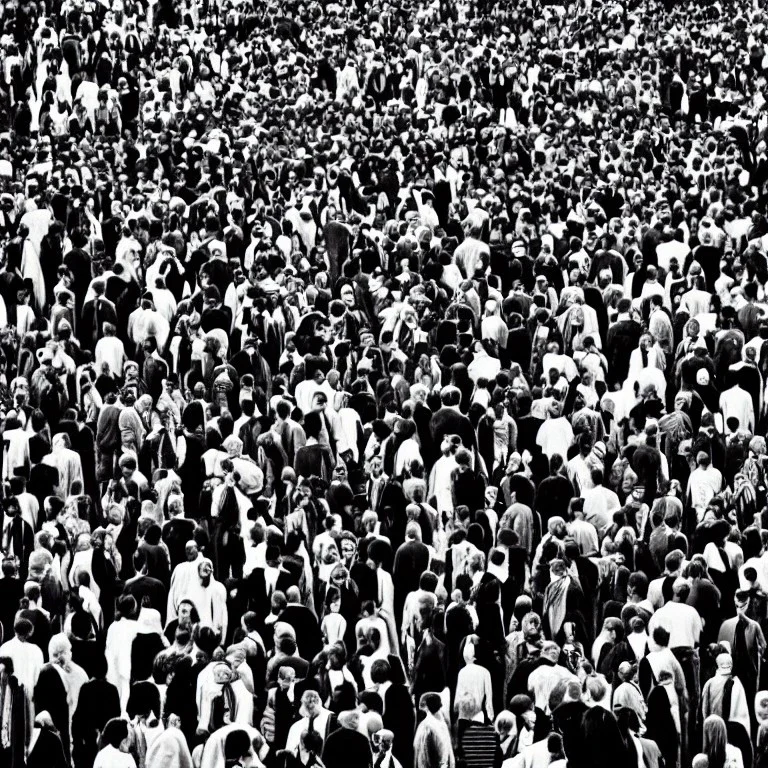 full colour man in black and white crowd,