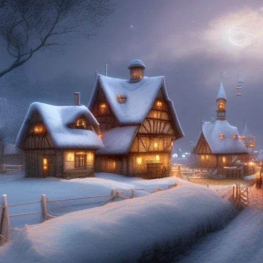 quaint fantasy medieval farming village in winter night with wooden buildings grasslands plains and no light