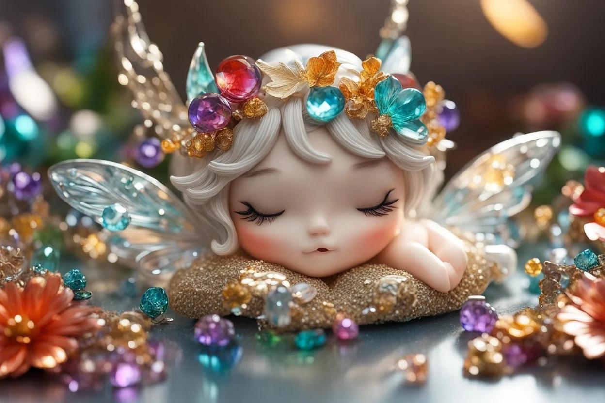 closeup, cute chibi sleeping fairy, Coloured glass flowers set with gemstones, glittering metal stems and gemstone leaves on a room table sharp focus elegant extremely detailed intricate very attractive beautiful dynamic lighting fantastic view crisp quality exquisite detail in the sunshine gems and jewels