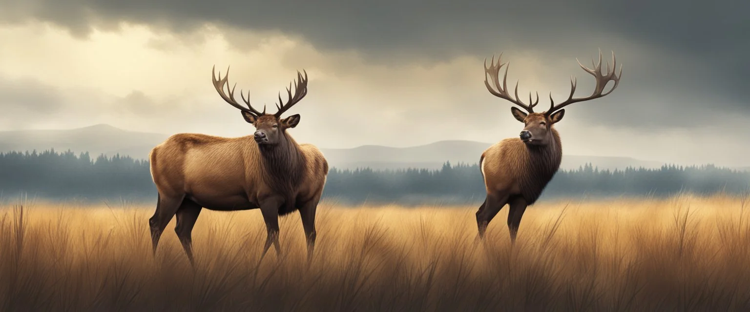 an Elk in a prairie field, detailed fantasy illustration, low muscle tone