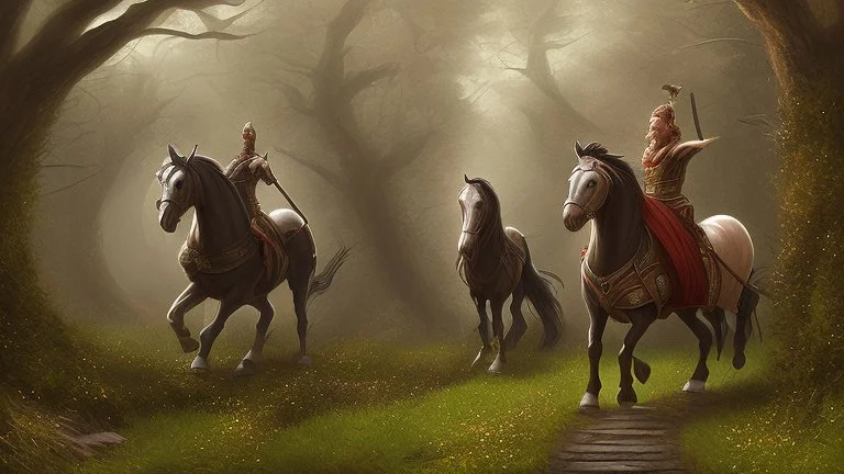 warrior sorcerer leading a black horse on forest path