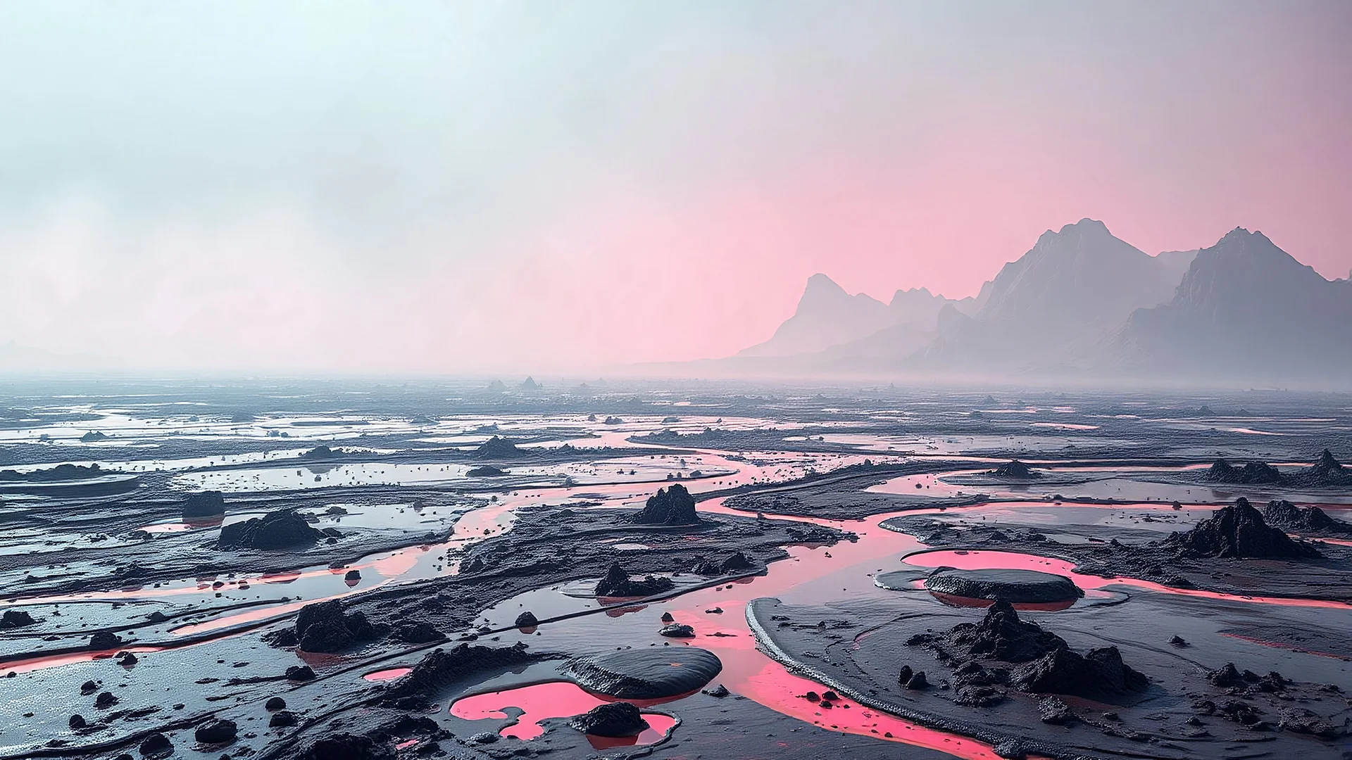 realistic photo of a landscape covered in mud and acid that looks futuristic with futuristic lighting