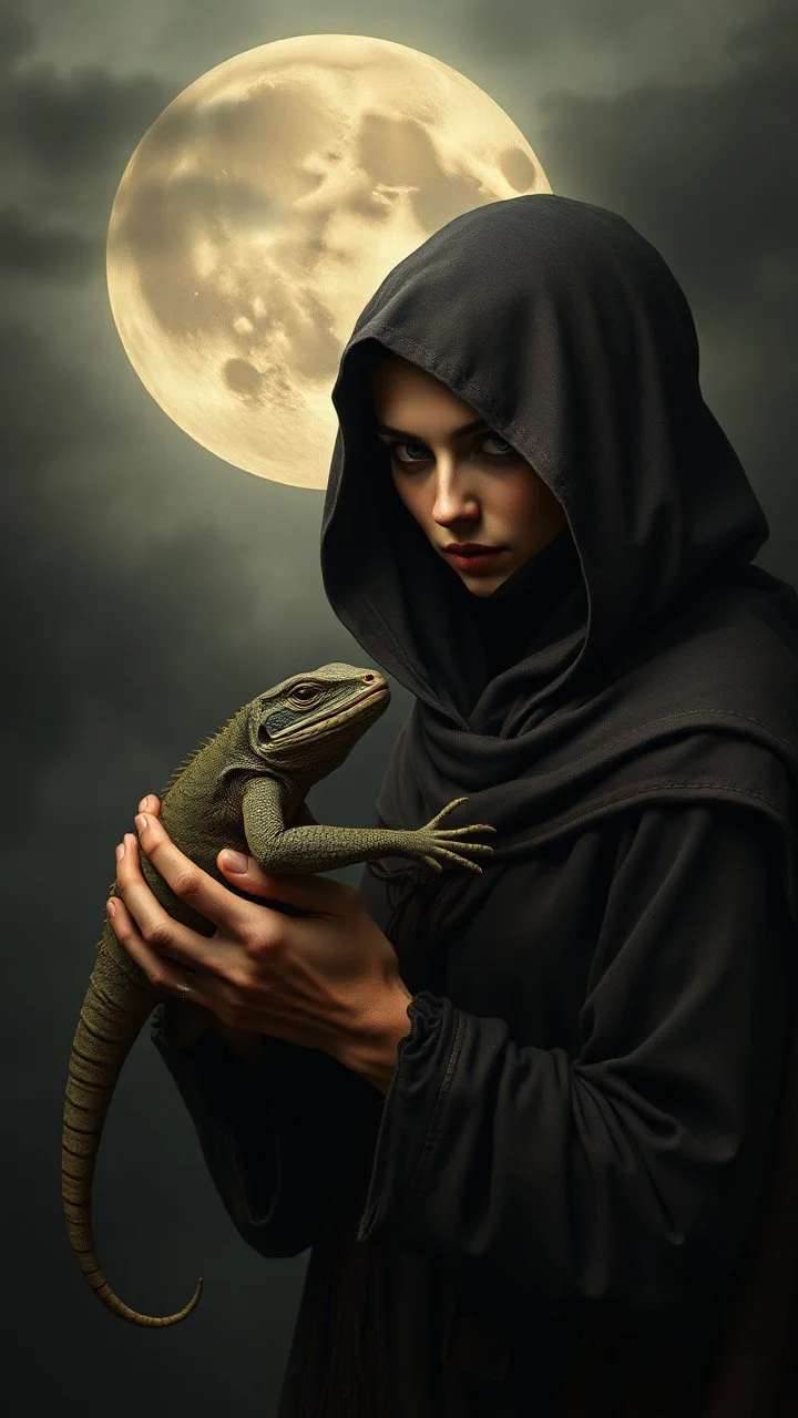 Hieronymus Bosch style , a hooded woman holding a lizard looking at you In foggy smoky full moon cloudy background