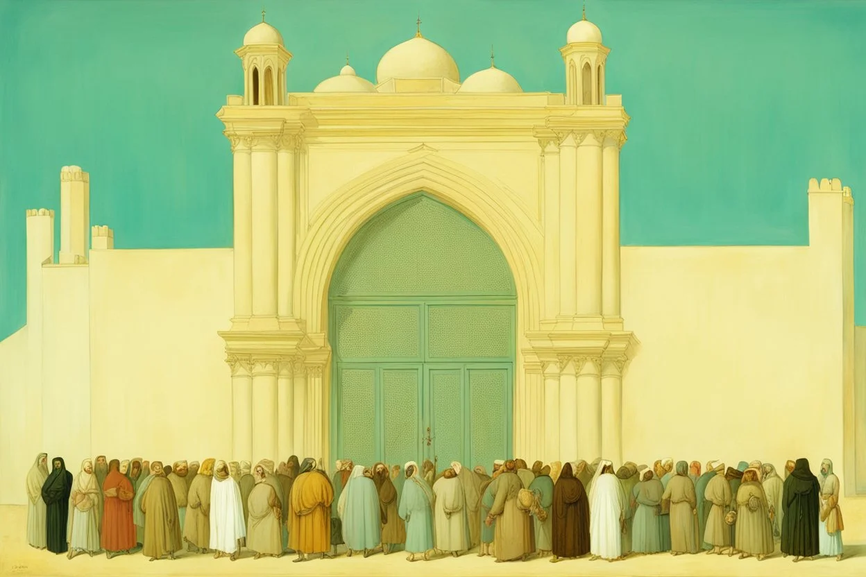 a group of people outside a gothic_arab glass gate in a turquoise wall by artist "Richard Dadd",by artist "de Chirico", highly detailed