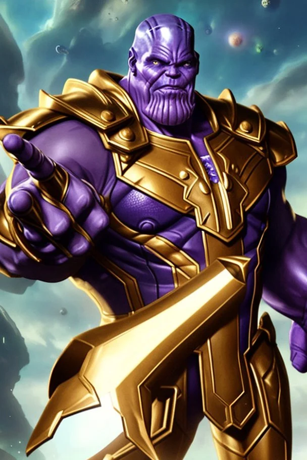 Thanos, the commander of the army of aliens and the king of the entire galaxy, is ready to go on a campaign with his two large swords, his very beautiful and impenetrable armor with his golden helmet, standing on top of a hill with his sword with infinity gauntlet