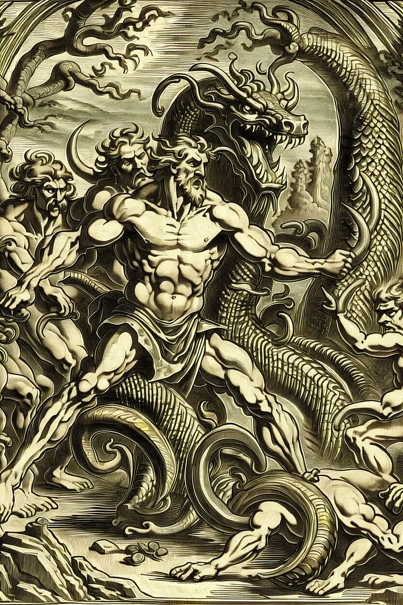 Hercules fighting the hydra, woodcutting