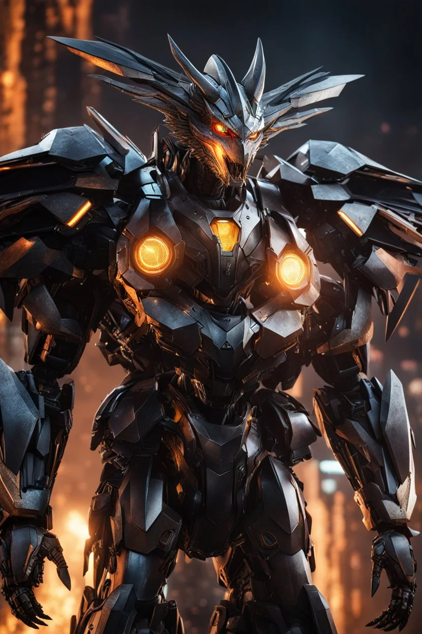 Dragon in a robot transformer, super suit with spikes on his arms and shoulders, explode, hdr, (intricate details, hyperdetailed:1.16), piercing look, cinematic, intense, cinematic composition, cinematic lighting, color grading, focused, (dark background:1.1) by. Addie digi