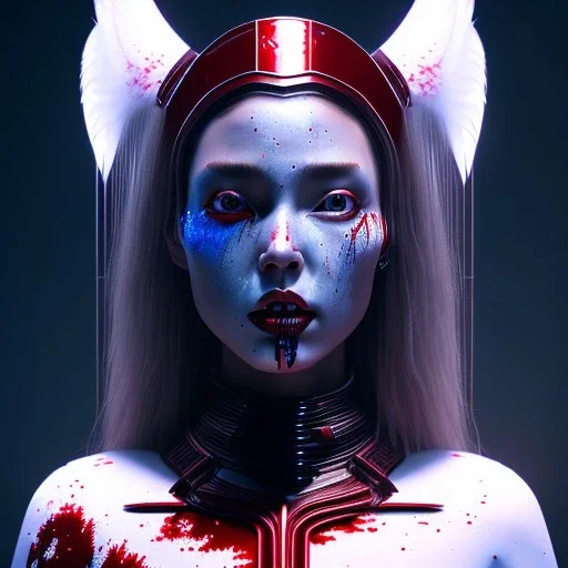 Us woman, rounded face, blood, lines, black, red, blue, silver, samurai helmet, decorative color feathers, retro, bamboo, leather, soft color, highly detailed, art stations, concept art, smooth, unreal engine 5, god rays, ray tracing, RTX, lumen lighting, ultra detail, volumetric lighting, 3d, finely drawn, high definition, high resolution.