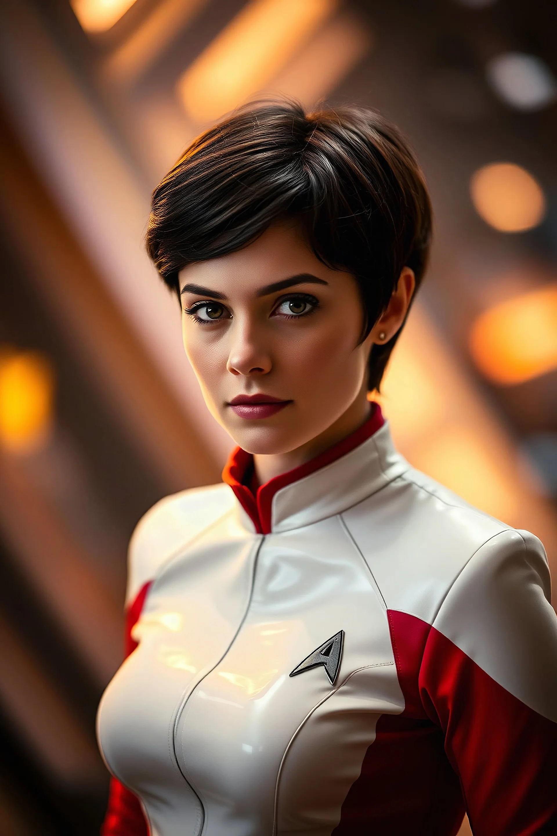 Medium shot portrait fascinating beautiful actress "Tamar Kaprelian", age 22, short dark brown hairstyle irredscent light brown color, wearing white and red color in glossy tight Star Trek Voyager uniform, bokeh, dynamic lighting, sophisticed mood, intricate expressions and feelings, filmic, superb shot, sci-fi scene, realistic photography