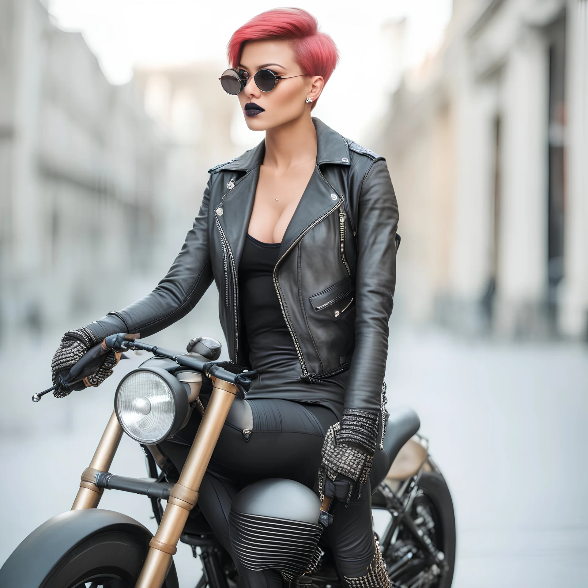 full body portrait -- an absolutely stacked female strawberry with pixie-cut hair, a perfect hourglass figure, perfect face, wearing a studded, black leather biker's jacket and pants with 12-inch platform boots and goggles,