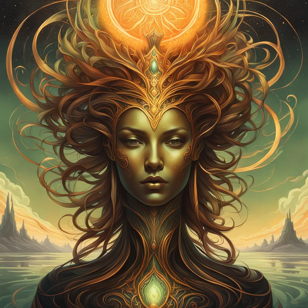 create a haunted disembodied shimmering female entity with highly detailed, sharply lined facial features, , finely drawn, boldly inked, in soft celestial colors, otherworldly, ethereal, and majestic in the style of Peter Mohrbacher