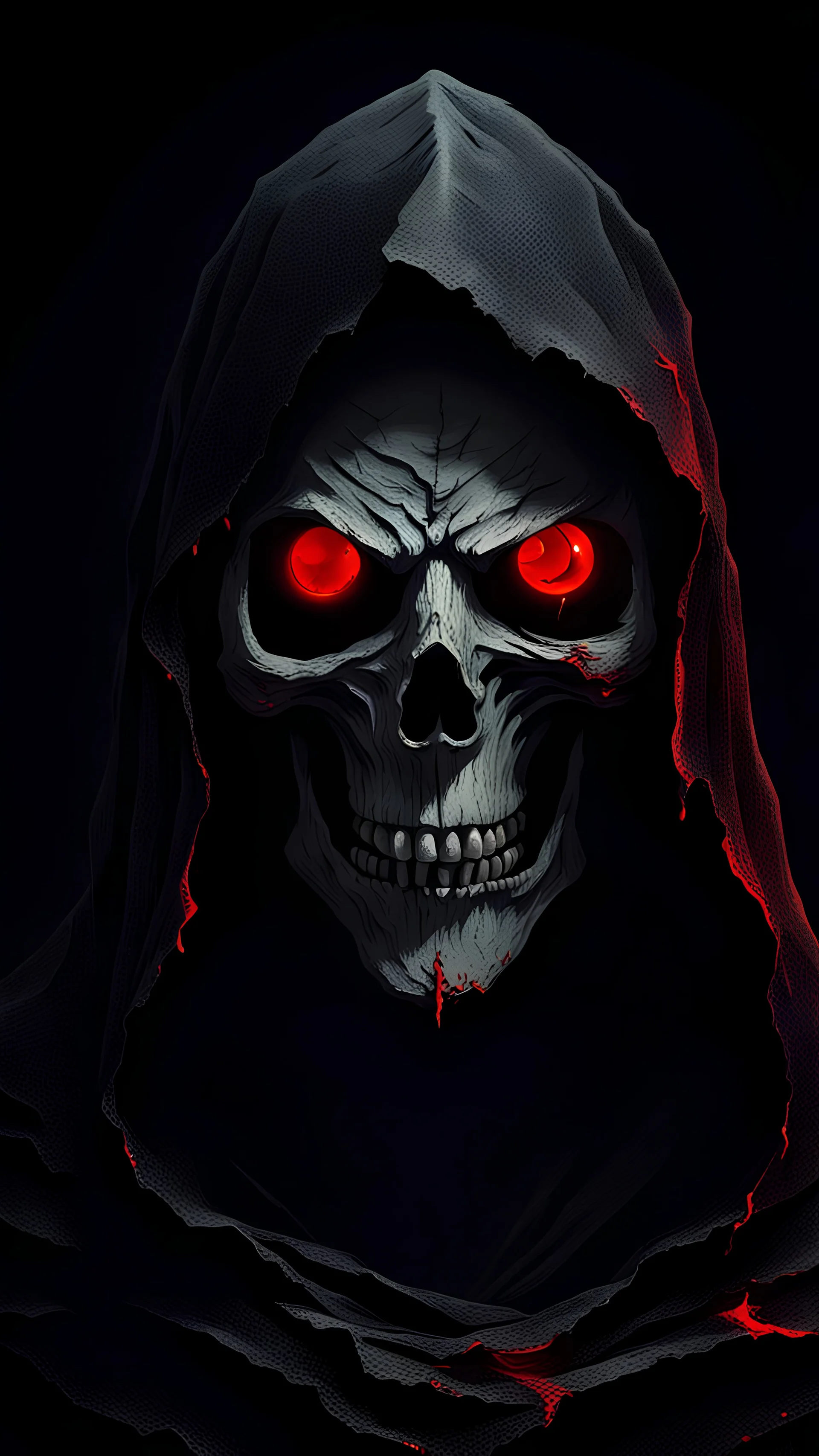 Зловещая фигура в черной рваной мантии с лицом похожим на череп и красными глазами на черном фоне