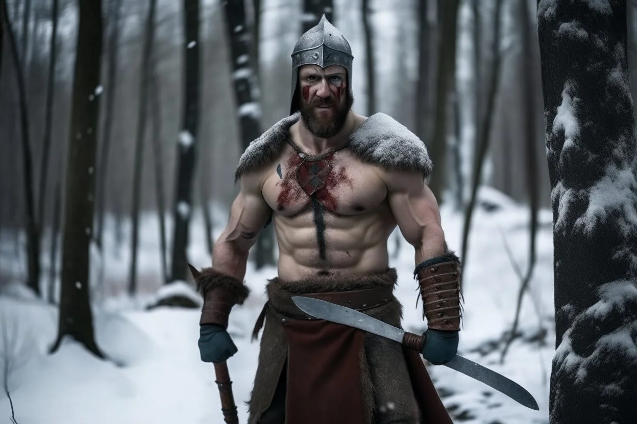 A strong man standing in cold windy snowy forest, shirtless, body scars, bloody, bear paws scars on chest, wearing a knight helmet face covered, carrying an axe